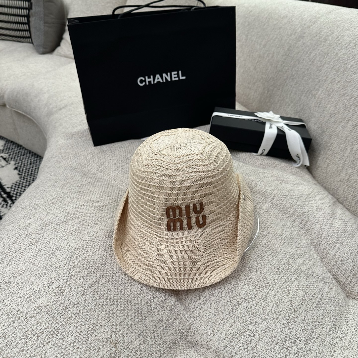 Miu Miu Logo Embroidered Straw Bucket Hat Beige